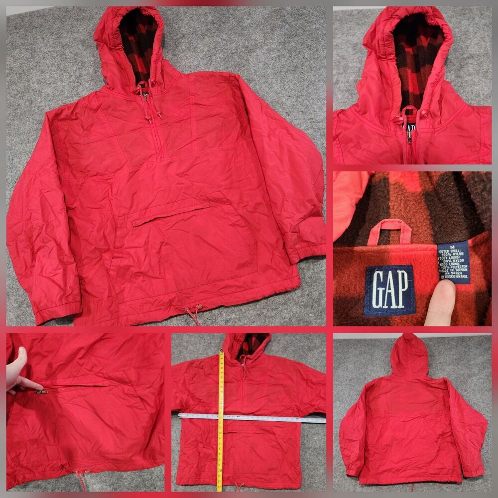VTG 90s Gap Mens M‎ Medium Buffalo Plaid Blanket Fleece Lined Red Anorak Jacket
